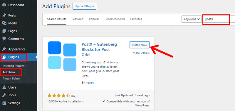 Install PostX WordPress Gutenberg Post Grid Plugin