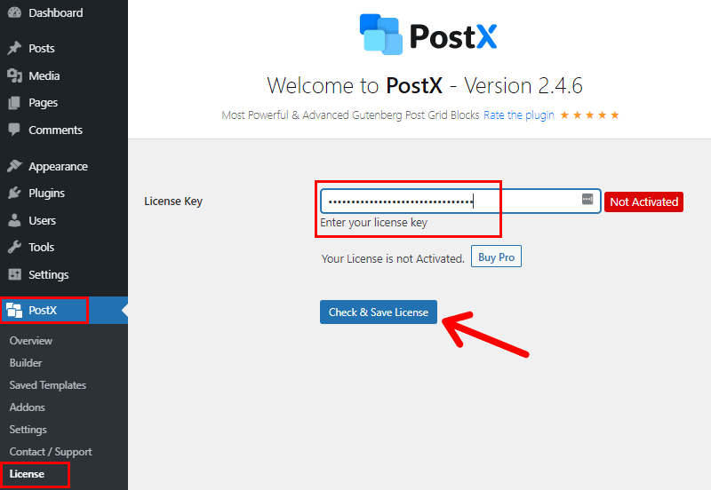 Paste PostX Licesne Key on WordPress PostX Menu