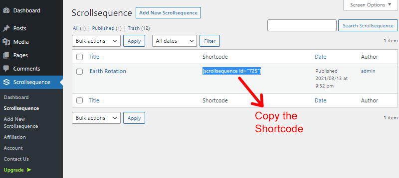 Copy the Shortcode of Scrollsequence Page