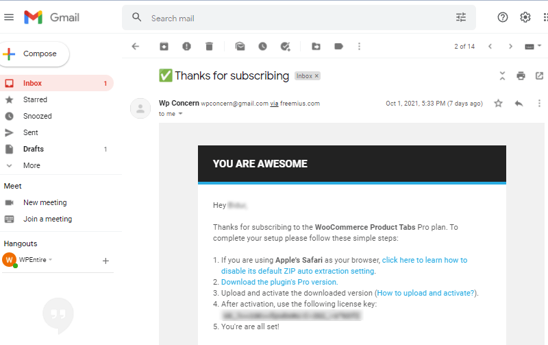 Email Received After Purchasing WooCommerce Product Tabs