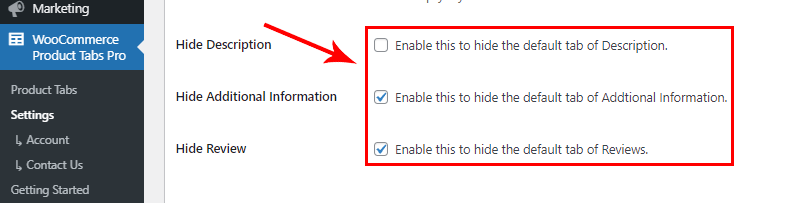 Hide Default WooCommerce Tabs by checking the Box