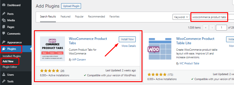 Install WooCommerce Product Tabs Free Version from WordPress Dashboard